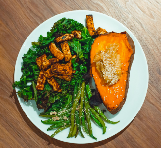 Miso Glazed Sweet Potato With Spicy Tofu On Crunchy Kale